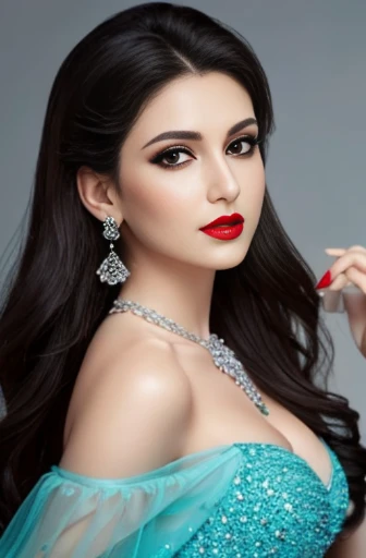 Lebanese woman, diamond dangling earrings, necklace, bracelets, small breasts, 40 years old, smokey eyes, cleavages, red lips, innocent face, cyan fashion ball gown, stylish hairstyle, posing, modeling, off-shoulder