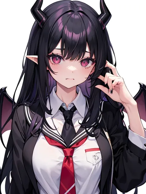 18 year old woman, dressed as a schoolgirl, long black hair, has devil horns, and has a facial expression like a villain