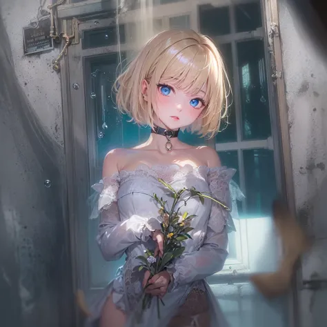 masterpiece, best quality,dutch angle,full body,realistic(painting style,nsfw(1girl, solo),amelia watson,blonde hair, blue eyes, choker, short hair, realistic eyes,wet clothes,translucent,transparent,dripping,negligee,garter belt,socks,embarrassed,standing...