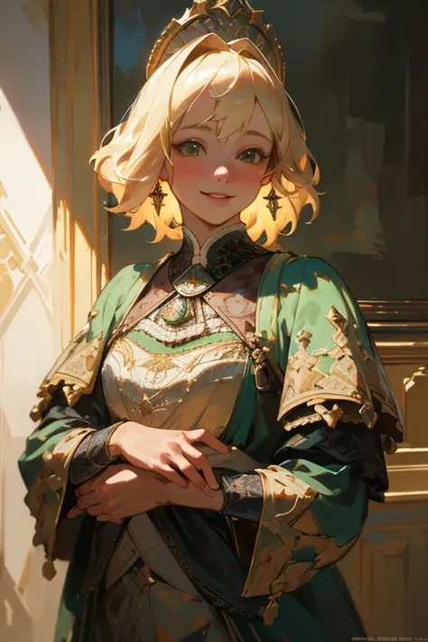 (realistic:1.3), rembrandt lighting, (masterpiece:1.2), (photorealistic:1.2), (highest quality), (fine skin:1.3), (intricate details), ray tracing,blonde girl, 28 years old, fine skin texture, (blush:0.5),green clothes，devil enamel costume，smile，The whole ...