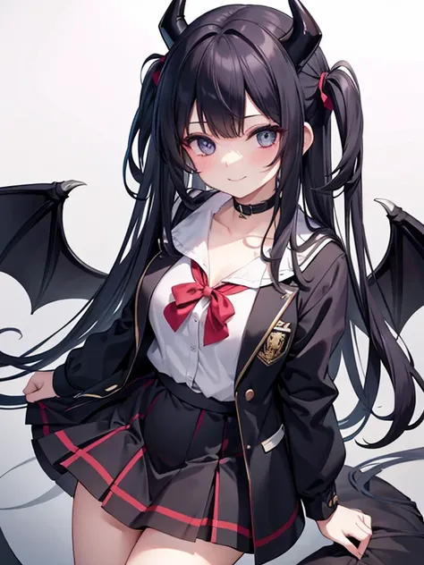 18 year old woman, dressed as a schoolgirl, long black hair, has devil horns, and has a facial expression that smiles broadly like a villain pregnant