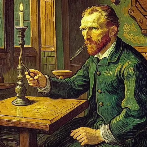 Van Gogh sitting in a medieval tavern，drinking a coffee，Candle holder，glass，With a pipe