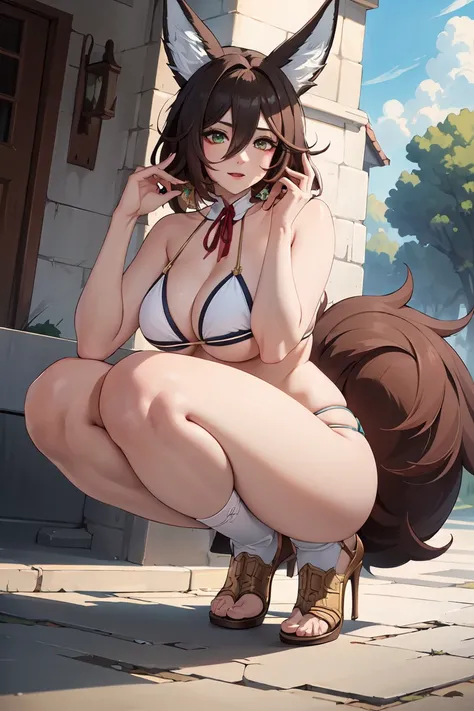 (best quality,Unparalleled masterpiece:1.4),Ultra-detailed CG 4K,brown hair，There are fox ears on the head，thong， Loose bikini，High heel，huge，rendering，huge，squat on the ground