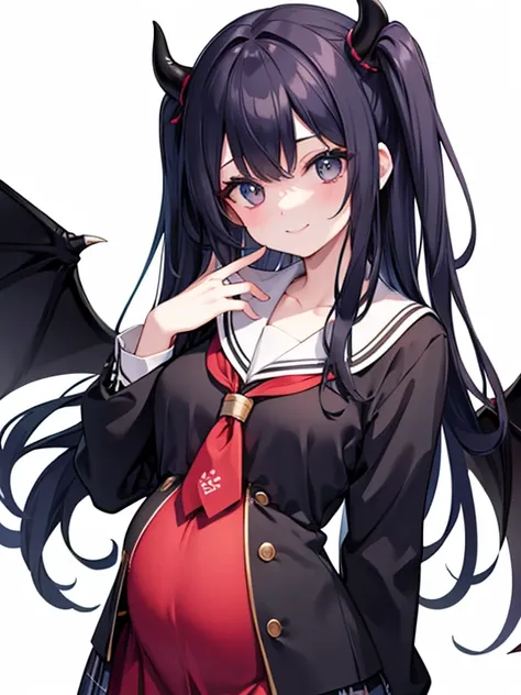 18 year old woman, dressed as a schoolgirl, long black hair, has devil horns, and has a facial expression that smiles broadly like a villain pregnant