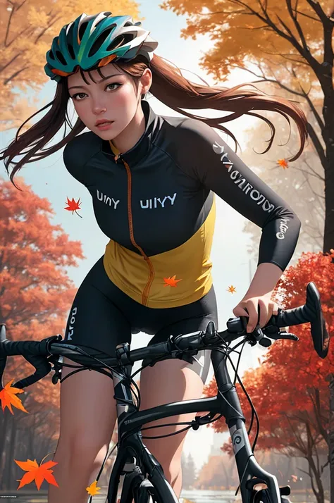 dynamic illustration of red yellow maple leaves drifting falling, leaves floating in the air, strong wind effect, autumn, water, Cycling girl with bike sunglasseotion Blur), (best composition), (realistic, photorealistic, RAWphoto:1.3), ultra-wide-angle, o...