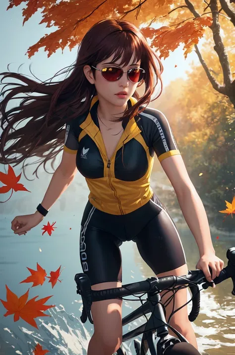 dynamic illustration of red yellow maple leaves drifting falling, leaves floating in the air, strong wind effect, autumn, water, Cycling girl with bike sunglasseotion Blur), (best composition), (realistic, photorealistic, RAWphoto:1.3), ultra-wide-angle, o...