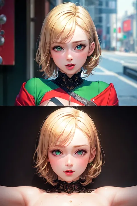 (masterpiece:1.8), (photo realistic:1.2), (highest quality), (fine skin:1.3), (intricate details), ray tracing,blonde short cut woman, 28 years old, fine skin texture, (blush:0.8),green clothes，devil，revealing clothes，stuck out tongue，The whole body is sho...