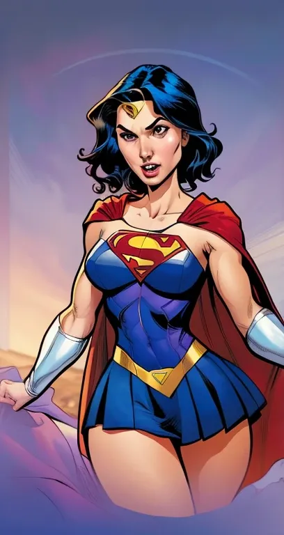 a painting of a woman in a superman costume with a cape, supergirl, comic digital art, dc comics art style, beautiful comic art, power girl, comic book art style, comics style art, super hero art, sexy painting of gal gadot, comic book style art, art of al...