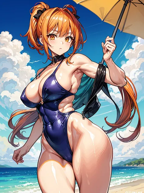 （（（masterpiece、Highest image quality、highest quality、highly detailed unity 8ｋwallpaper）））、（（Illustration of one girl））、（（（beautiful girl）））、（（orange hair、side ponytail、sidelocks：1.2、orange eyes））、（（（stocky build, thickset physique：1.3, muscular legs, broad...