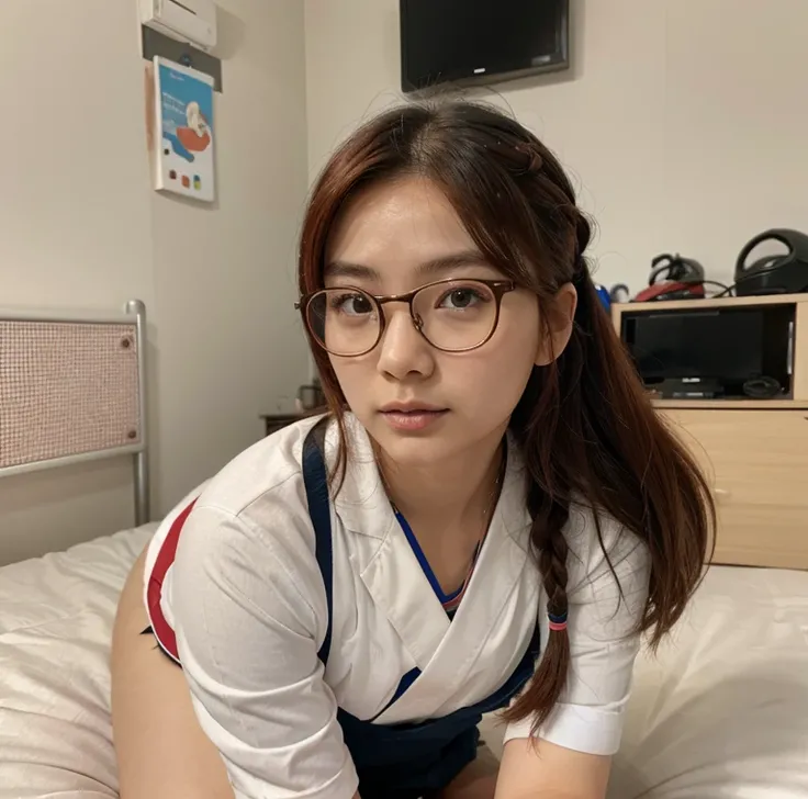 Korean Asian woman wearing glasses,Neckband gaming headphones,sitting on the bed, have glasses, Korean girl, แว่นตาthick, 18 years old., 22 years old, thick, 21 years old, beautiful Asian girl, Asian girl, เด็กสาวและcute, have glasses on, phenomenon, cute,...