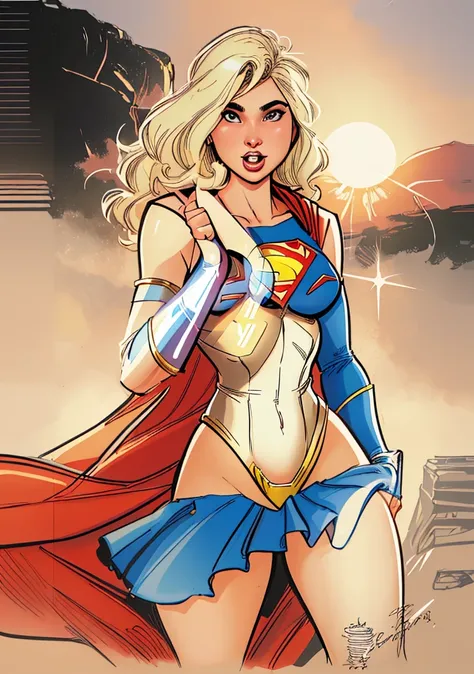 a painting of a woman in a superman costume with a cape, supergirl, comic digital art, dc comics art style, beautiful comic art, power girl, comic book art style, comics style art, super hero art, sexy painting of gal gadot, comic book style art, art of al...