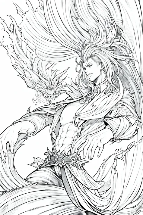 Homem - cabelo platinado, jaqueta branca, espada, olhar intenso, ethereal background, pose elegante, Monochrome color, dragon style, Dragon man, fantasia, preto e branco