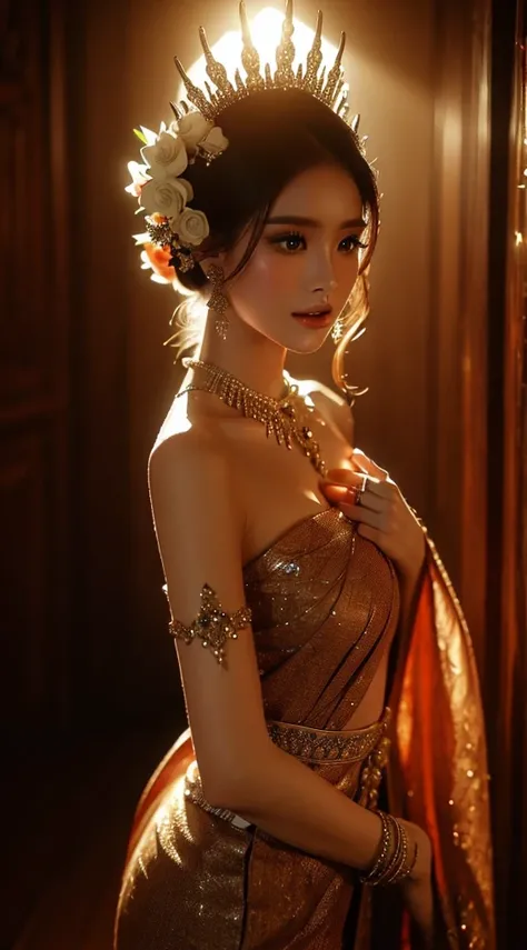 (​masterpiece、top-quality、detaile、hight resolution、extremely delicate and beautiful:1.3)、 beautifuly detailed skin, intriciate detail, The ultra-detailliert, Cinematic lighting,Beautuful Thai Women 、Thai dress、Thai palace 