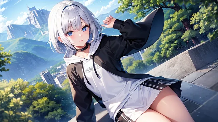 Super high quality,look at the audience, put your hands behind your back, with a girl, 20-year-old, とてもshort hair, long bangs between the eyes, pale blue eyes, hoodie, skirt , blue sky, sunlight, very detailed,(masterpiece、highest quality)、solo、gray hair、l...