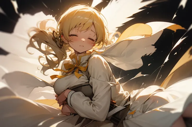 (corpse, aligned in row:1.2), mami tomoe, big breast, tearing up, closed eyes, (skirt fluttering, white panties, torn clothes:1.1), dark atmosphere, Tyndall effect,