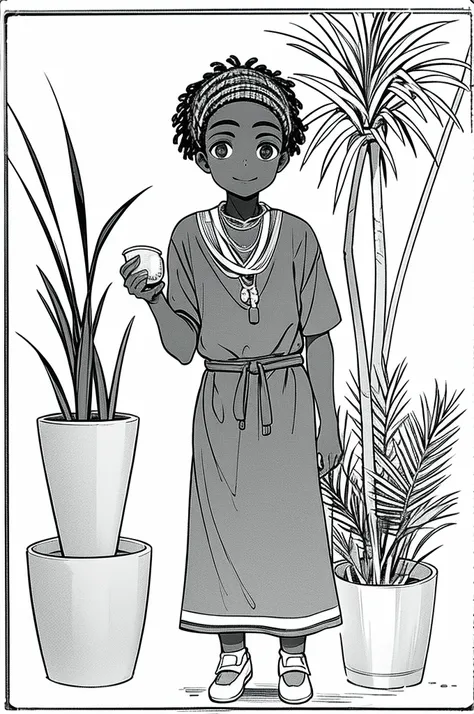 african boy, calm and happy, holding a small potted plant, monocromatic, preto e branco