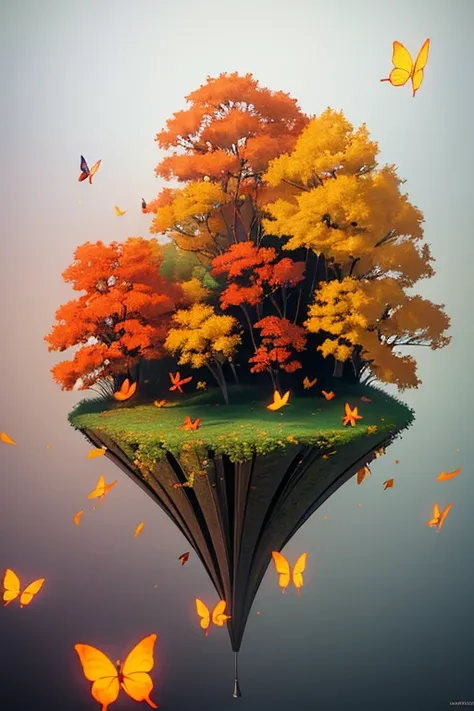 dynamic illustration of Autumn Leaves Falling, leaves floating in the air, butterfly, octane render, enhance, intricate, (best quality, masterpiece, Representative work, official art, Professional, unity 8k wallpaper), by Yoshitomo Nara