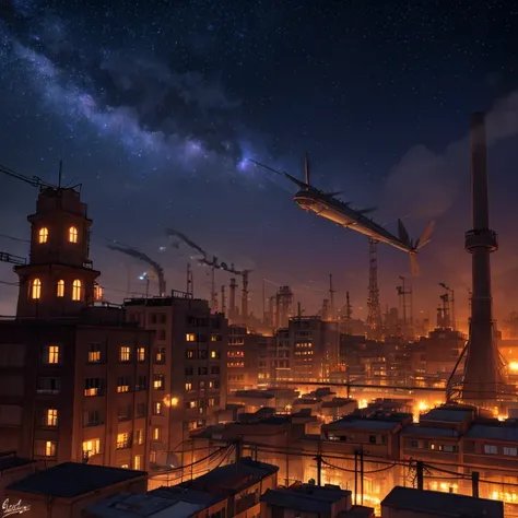 Cidade Industrial, cercado por parede, steampunk. there is hostel, residential area, ((airships)) In the sky, city gate, enferrujado e pesado, smoke, chimney, factories, engrenagens, maquinaria, tall buildings, Torres, steam power, tubos de vapor, luzes da...