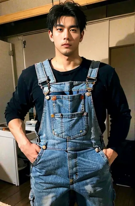 1 handsome Japanese guy，27 years old，Firefighters put out fire，blue firefighter overalls，handsome，High，Muscles look good，hairy body，black eyes（thin eyes 1：3），Full body image