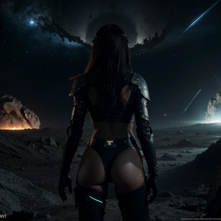 Draw a female warrior, without clothes, standing on a research platform floating in the middle of an asteroid belt, turn her back to the spectators, from behind, surrounded by several asteroids glowing with fiery auras. Dramatic lighting from distant stars...