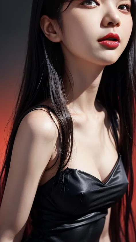 Close-up of woman with black dress and red lips Artwork in the style of guweiz by Russell Dongjun Lu Realistic Cheng Yi by Yanjun Cheng Inspired by Yanjun Cheng Realistic art style Soft Portrait Display 8k Portrait Display 8k Realistic Anime Girl Portrait ...