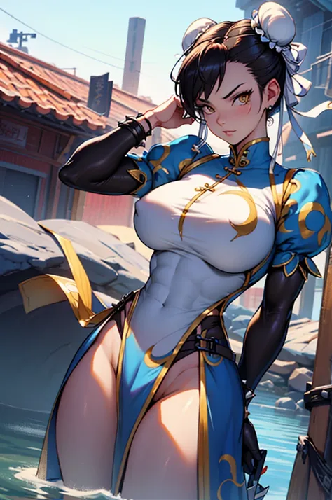 chun li , 1 girl, black hair, yellow eyes, very long hair, pale skin, curvy, (extremely muscular), perky breasts, frozen lake, belo rosto detalhado, belos olhos, belas coxas, coxas lindas
olhos de gato amarelo