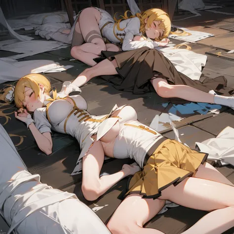 multiple girls, 6+ girls, (pile of corpse, aligned in row:1.2), perfect anatomy, mami tomoe, big breast, tearing up, closed eyes, skirt fluttering, white panties, torn clothes, scenery