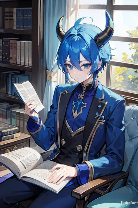 A blue haired dragon man with blue skin and golden eyes with a blue tail and golden horns is reading a book by the window
