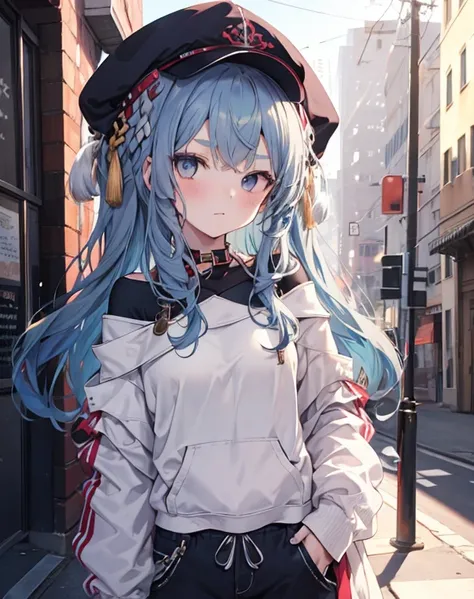 masterpiece,1 girl,alone,long hair,blue hair,hoodie,off shoulder:1.2, mob cap, street,put your hand on your waist, hand in pocke...