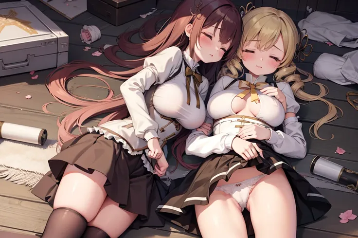 multiple girls, 6+ girls, (pile of corpse, aligned in row:1.2), perfect anatomy, mami tomoe, big breast, tearing up, closed eyes, skirt fluttering, white panties, torn clothes, scenery