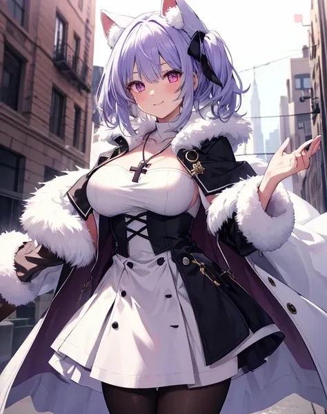 1 girl,alone,big breasts, have for, coat,white_dress,black pantyhose, heterochromia iris, fur capelet, murmanskorigin,light smil...