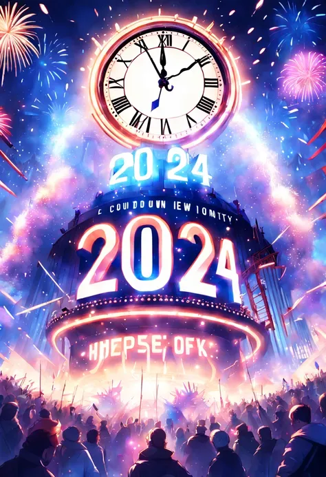 text:"2024" hyperdetailed shot of an imaginary fantasy shining text 2024 written in the clouds! new years eve party crowd! countdown! clock! Fireworks! luminescence, glowing particles, luminosity, 16k clean resolution, dramatic triadic lighting, Epic cinem...