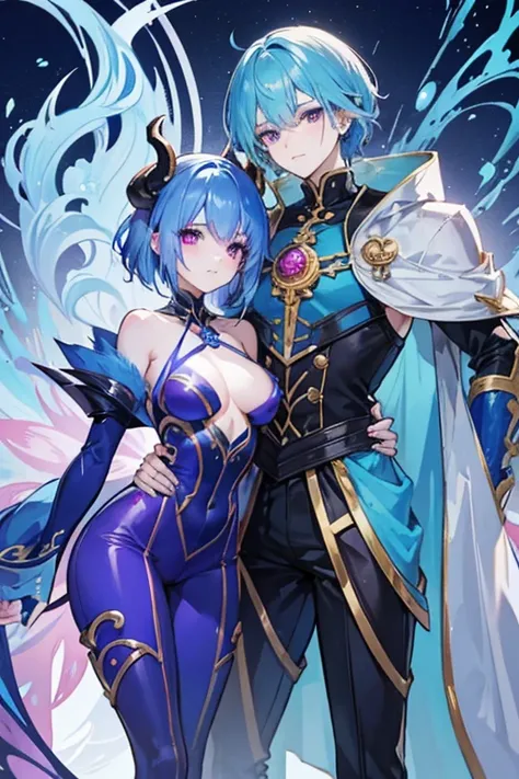 A blue haired dragon man with blue skin and golden eyes with a blue tail and golden horns is posing with a pink haired queen with violet eyes with an hourglass figure and short hair