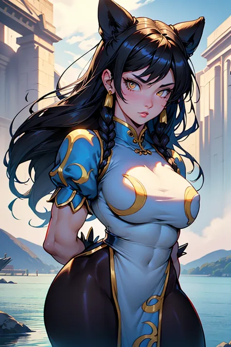 chun li , 1 girl, black hair, yellow eyes, very long hair, pale skin, curvy, (extremely muscular), perky breasts, frozen lake, belo rosto detalhado, belos olhos, belas coxas, coxas lindas olhos de gato amarelo