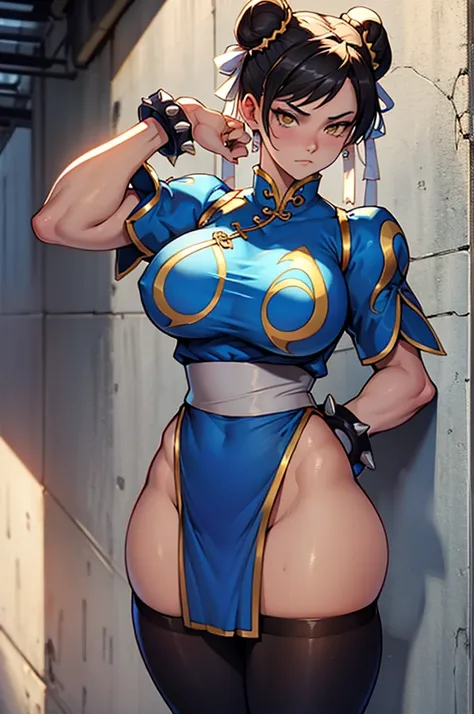 chun li1girl muscular pale skin black hair yellow eyes black against wall sad sad sad sad tight shirt leggings thick thick thick thick muscular muscular muscular muscular muscular girl dark dark, meias calça marrom, coxas sexy, belos olhos detalhados