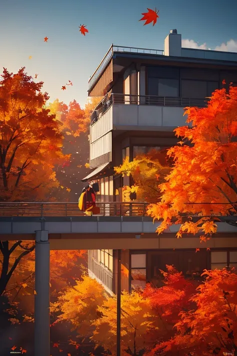 dynamic illustration of Autumn Leaves Falling, red yellow maple leaves floating in the air, by the window, by Alena Aenami, octane render, enhance, intricate, (best quality, masterpiece, Representative work, official art, Professional, unity 8k wallpaper)