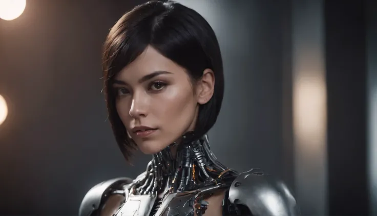 female cyborg, cybernetic body parts, Brazilian woman, black straight bob hair