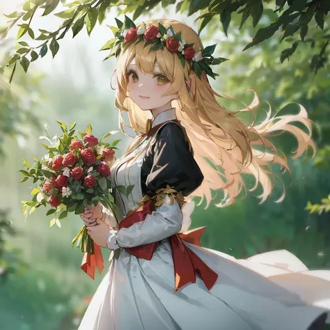 anime girl with long blonde hair holding bouquet of flowers, cute anime wife in a nice dress, magical forest maid, beautiful mai...