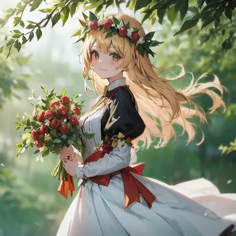 anime girl with long blonde hair holding bouquet of flowers, cute anime wife in a nice dress, magical forest maid, beautiful mai...