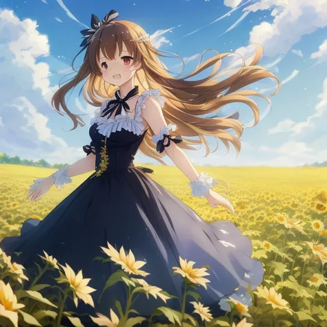 Anime girl in flower garden against blue sky background, Cute anime wife in a nice dress, Anime girl in a black dress, beautiful sunflower anime girl, Loli in a dress, Google on pixiv artstation, Trending with Art Station Pixiv, beautiful anime, From Arkni...