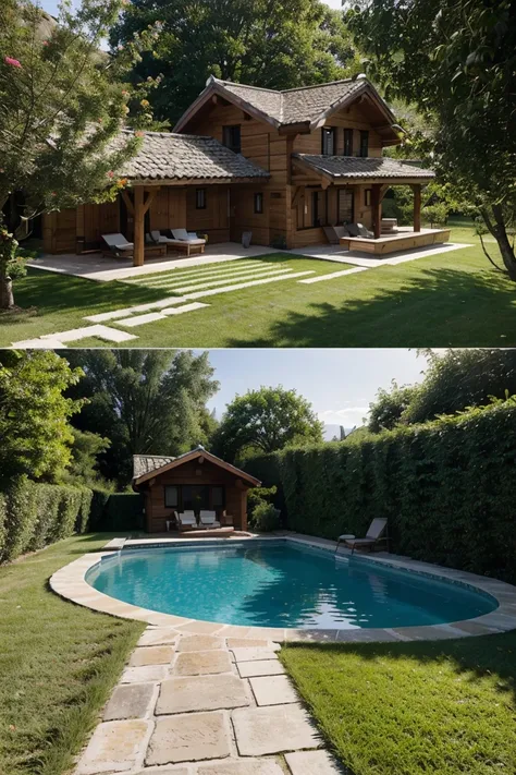 Design a chalet with a plot, con piscina, There is also a cobblestone path to the pool. Hay rosaleda a su alrededor.  The field is grass, dame las cuatro imagen de diferentes vistas frontales 