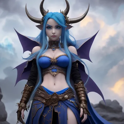 A woman with blue hair and horns stands in front of a cloudy sky, 2. 5d cgi anime fantasy artwork, blue tiefling, highly detailed fantasy characters, Epic fantasy digital art style, Lush corners for girls design, epic fantasy art style, epic fantasy art st...