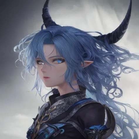 Close-up of a person with blue hair and horns, blue tiefling, horned, highly detailed fantasy characters, 4k detailed fantasy, fantasy style anime, 8K portrait rendering, 2. 5d cgi anime fantasy artwork, realistic fantasy rendering, Lush corners for girls ...