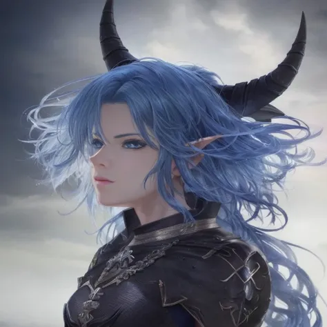 Close-up of a person with blue hair and horns, blue tiefling, horned, highly detailed fantasy characters, 4k detailed fantasy, fantasy style anime, 8K portrait rendering, 2. 5d cgi anime fantasy artwork, realistic fantasy rendering, Lush corners for girls ...