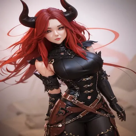 Close-up of a woman in a black costume with horns, succubus body, gothic otome anime girl, beautiful Succubus, 3d rendering character art 8k, Succubus in tight short dress, 8K high quality detailed art, trending on cgstation, Red-haired queen wearing heavy...