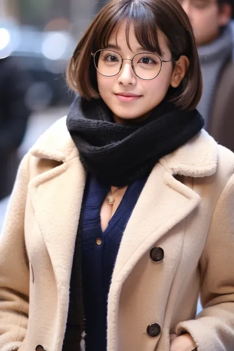 masterpiece, first-class, Winter clothes, Scarf,beautiful girl, very short hair, black tabby glasses, K-POP idol,Super big breasts, coat, The bulge in the cleavage is emphasized,baby face