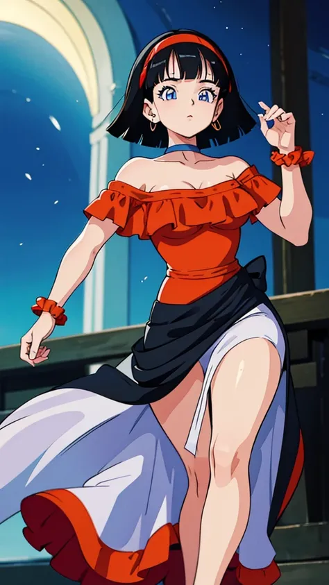 videl as a flamenco dancer, 1 girl, solo, black hair, blue eyes, short hair, red hairband, bare shoulders, a flamenco dress, orange ruffle off the shoulder top, black maxi skirt, dancing at the village at night, best quality, Masterpiece,  
