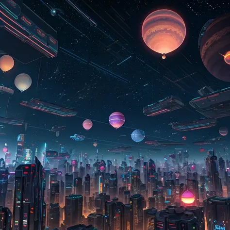 I want a cyberpunk city with futuristic flying balloons and sky with varieties of stars and Jupiter close to the planet 