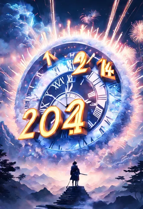 text:"2024" hyperdetailed shot of an imaginary fantasy shining text 2024 written in the clouds! new years eve party crowd! countdown! clock! Fireworks! luminescence, glowing particles, luminosity, 16k clean resolution, dramatic triadic lighting, Epic cinem...