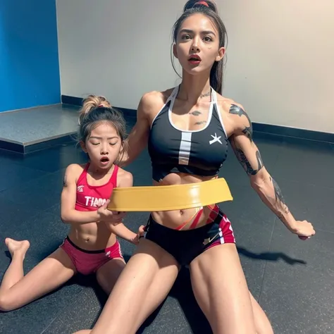 Fitness queen with abs gets spanked by little girl，Expression of pain